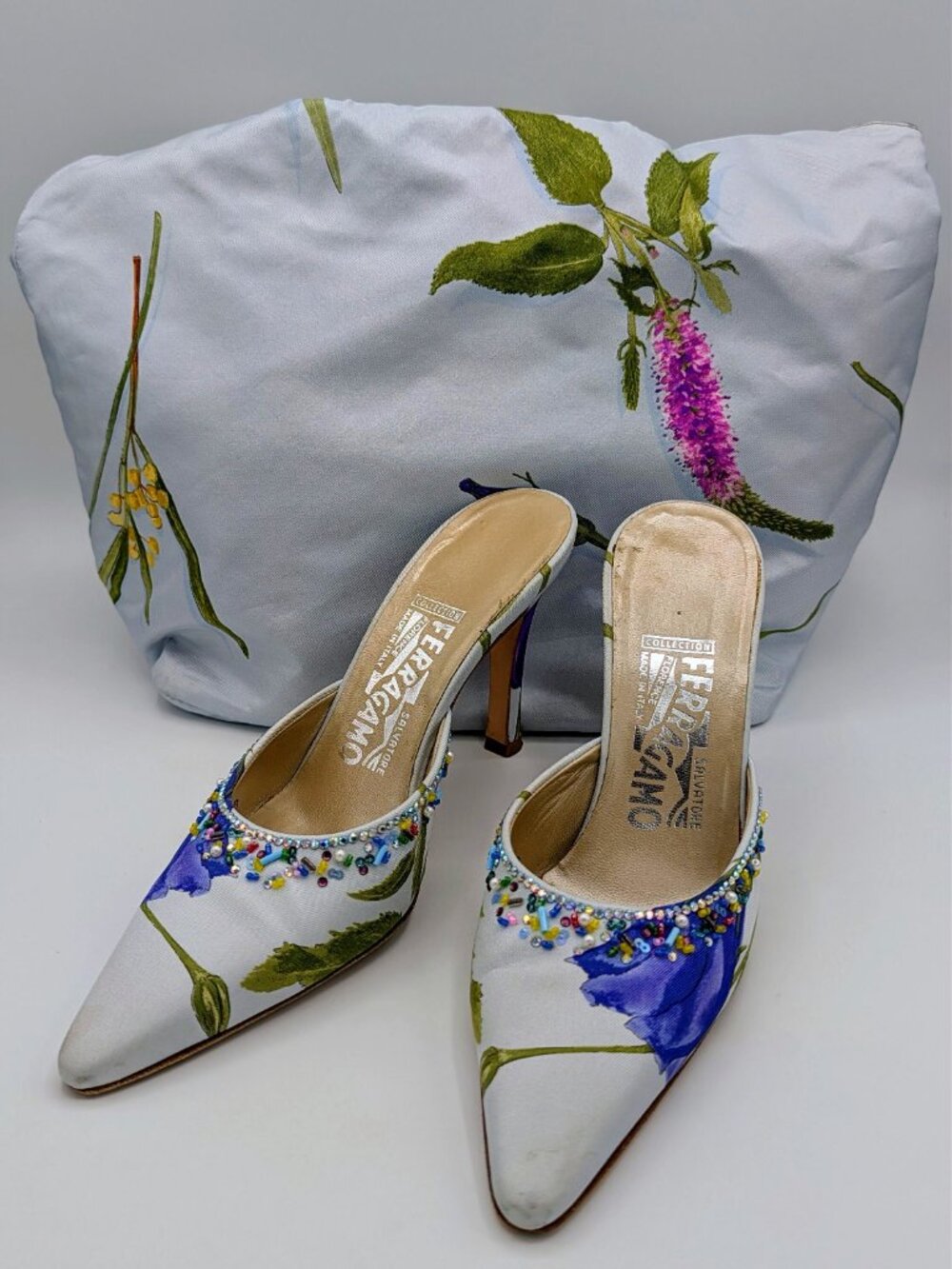 RARE Vintage Salvatore Ferragamo Shoe and Handbag Botanical Set
